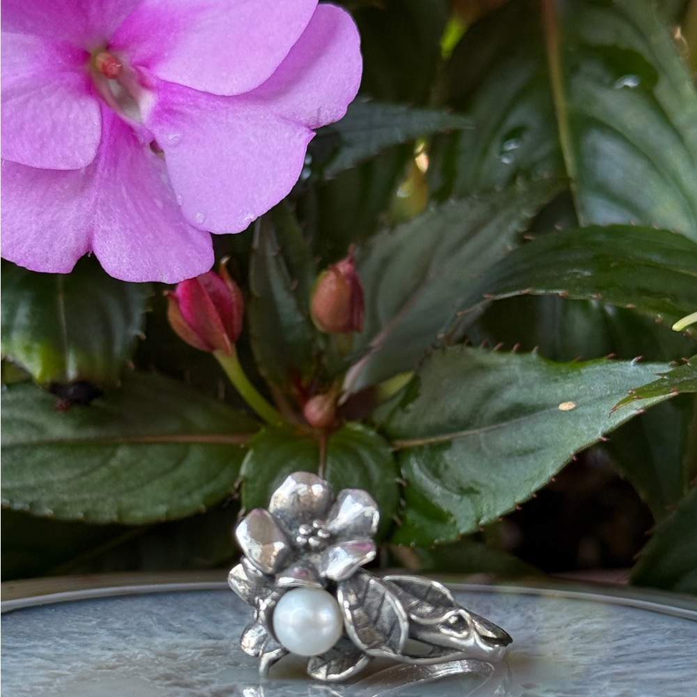 Nature’s Blossom Hawthorn Sterling Silver Pearl Ring